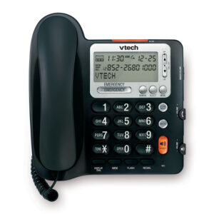 Le VTech CD1281 est un téléphone filaire avec afficheur, haut-parleur mains libres, écran rétroéclairé, fonction Volume Boost, répertoire de 25 contacts et mémoire d'appels de 65 numéros. Idéal pour la maison et le bureau.