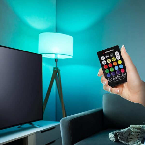 Monster MLB7-1046-RGB LED bulb with remote control, 12 lighting options, brightness control, fits any standard lamp socket.