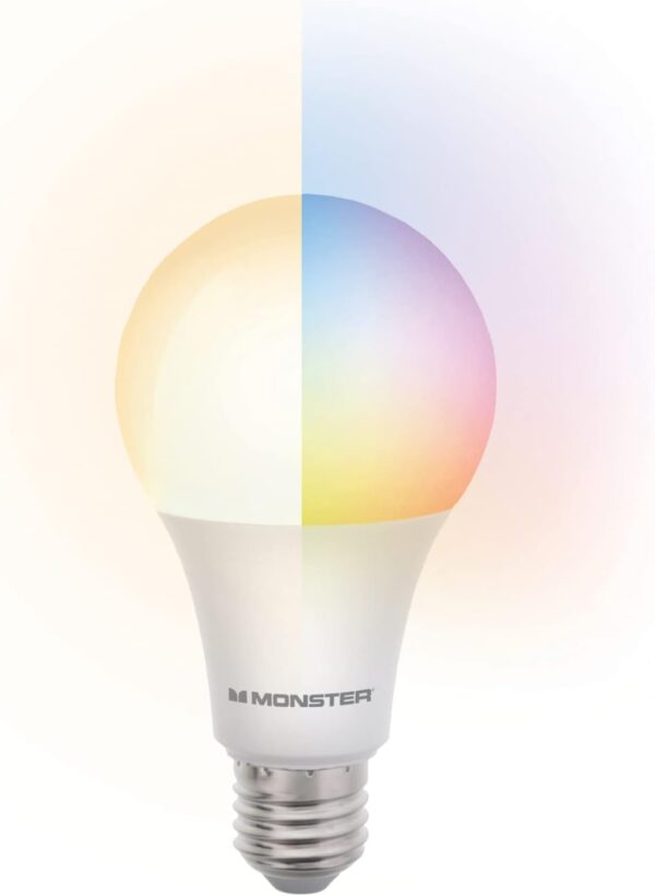 Monster MLB7-1046-RGB LED bulb with remote control, 12 lighting options, brightness control, fits any standard lamp socket.