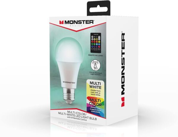 Monster MLB7-1046-RGB LED bulb with remote control, 12 lighting options, brightness control, fits any standard lamp socket.