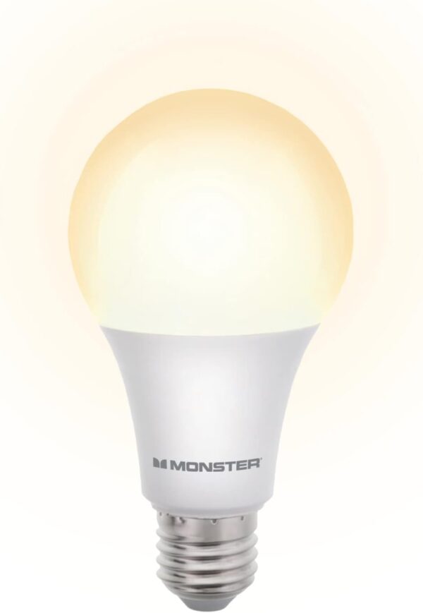 Monster MLB7-1046-RGB LED bulb with remote control, 12 lighting options, brightness control, fits any standard lamp socket.