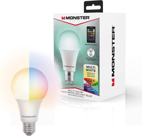 Monster MLB7-1046-RGB LED bulb with remote control, 12 lighting options, brightness control, fits any standard lamp socket.