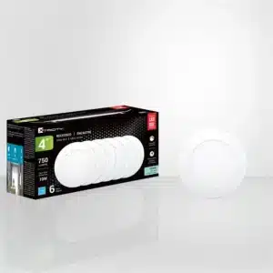 Kit de 6 spots encastrés LED Xtricity de 4 pouces, dimmable, avec température de couleur de 5000K, design ultra slim et boîtier de jonction inclus. Convient aux plafonds isolés. 10W, 750 lumens, durée de vie de 50 000 heures.