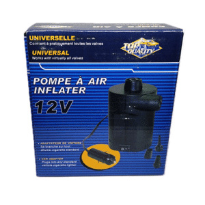 Pompe à air 12 V haute capacité, inflateur universel avec fonction gonflage et dégonflage rapide, idéale pour matelas, piscines et accessoires gonflables.