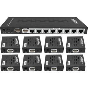 Le kit Metra HDMI Splitter et Extender permet de distribuer du contenu 1080p sur huit écrans via Ethernet CAT-6, avec prise en charge des commandes à distance IR, idéal pour les applications commerciales.