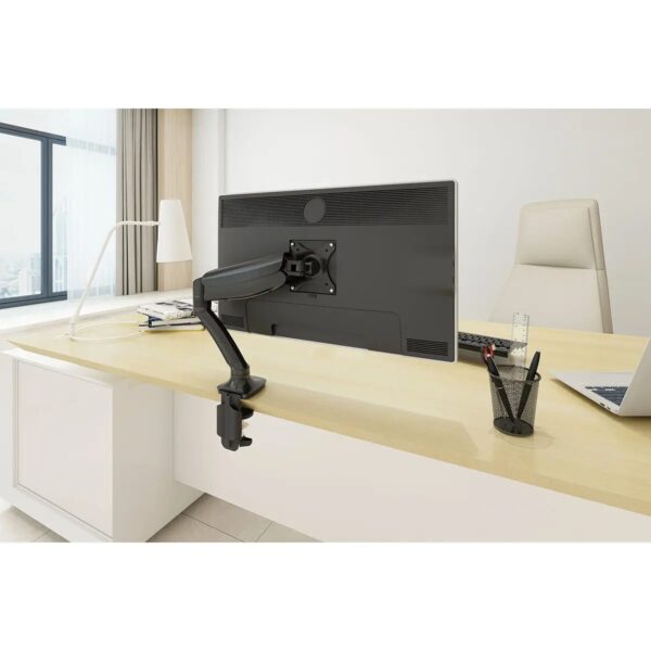 Loctek DLB504 monitor arm for screens up to 27 inches. Adjustable tilt, height adjustment, full swivel, easy installation with clamp or grommet base. Ideal for reducing eye strain and enhancing workstation flexibility.