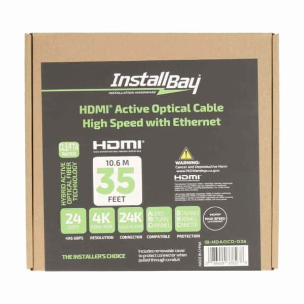 The 35-foot Install Bay Fiber HDMI cables with detachable headshell offer 24Gbps performance, supporting 4K/60, HDR, ARC, and Ethernet for easy and efficient installation.