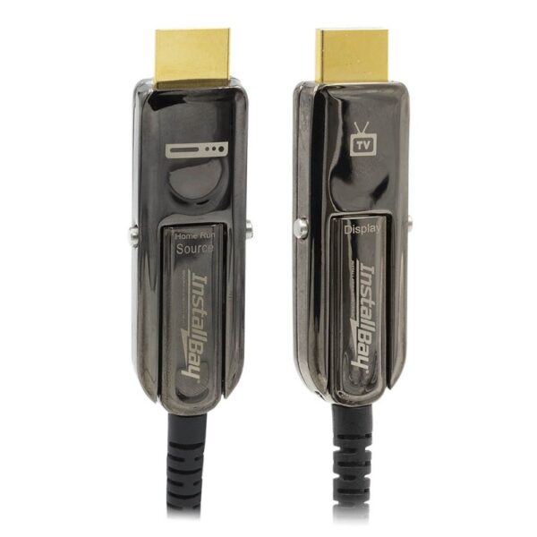 The 35-foot Install Bay Fiber HDMI cables with detachable headshell offer 24Gbps performance, supporting 4K/60, HDR, ARC, and Ethernet for easy and efficient installation.