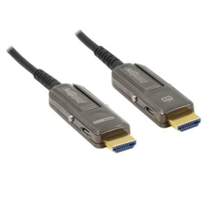 The 35-foot Install Bay Fiber HDMI cables with detachable headshell offer 24Gbps performance, supporting 4K/60, HDR, ARC, and Ethernet for easy and efficient installation.