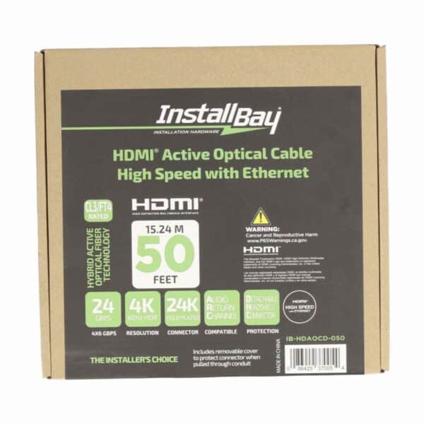 Les câbles HDMI en fibre Install Bay de 50 pieds avec tête détachable offrent des performances de 24Gbps, prenant en charge la 4K/60, le HDR, l'ARC et l'Ethernet pour une installation facile et efficace.