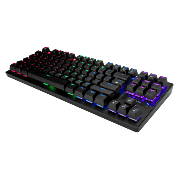 GK-979 RGB Illuminated Gaming Keyboard with rainbow backlighting, blue mechanical switches, 87 keys. Compatible with Windows 7 and newer versions.