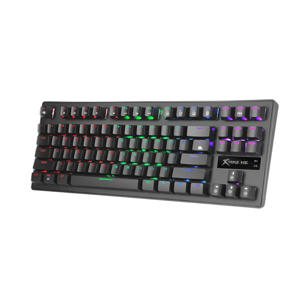 GK-979 RGB Illuminated Gaming Keyboard with rainbow backlighting, blue mechanical switches, 87 keys. Compatible with Windows 7 and newer versions.