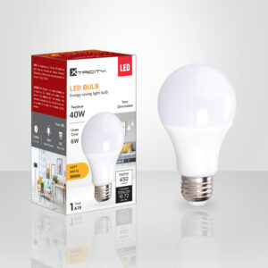 Ampoule DEL Xtricity 6 W équivalent 40 W, 450 lumens, 3000 K blanc doux, non dimmable, culot E26, idéale pour usage résidentiel.