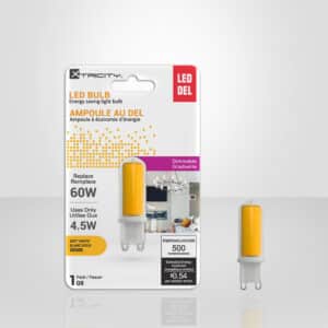 Ampoule DEL G9 4.5 W 120 V dimmable, lumière blanc doux 3000 K, équivalent halogène 50–60 W, idéale pour luminaires décoratifs.