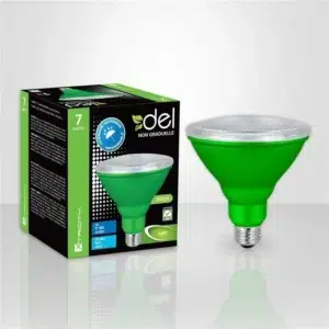 Ampoule DEL PAR38 Xtricity 7 W verte, culot E26, 120 V, angle 38°, usage intérieur et extérieur, idéale pour éclairage décoratif et événementiel.