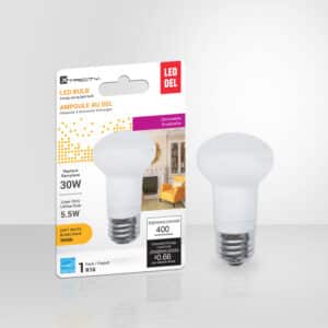 Ampoule DEL R16 5.5 W 120 V dimmable, lumière blanc doux 3000 K, équivalent 30 W, idéale pour éclairage résidentiel et commercial.