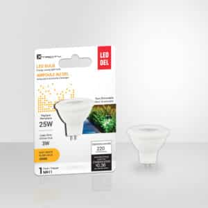 Ampoule DEL MR11 Xtricity 3 W, 220 lumens, 3000 K blanc doux, culot GU4, 12 V, non dimmable, idéale pour éclairage d’accentuation et remplacement halogène.
