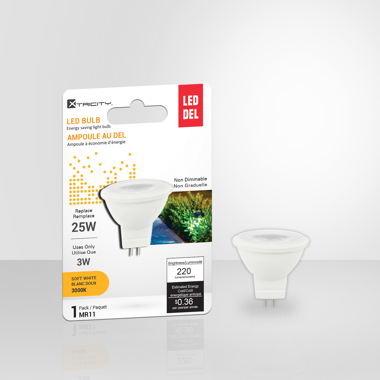 Ampoule DEL MR11 Xtricity 3 W, 220 lumens, 3000 K blanc doux, culot GU4, 12 V, non dimmable, idéale pour éclairage d’accentuation et remplacement halogène.