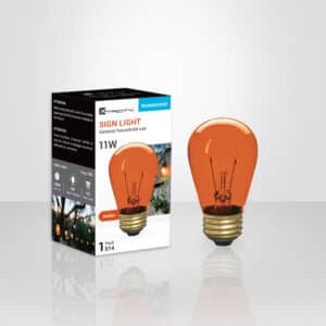 Ampoule S14 Xtricity 11 W ambre, dimmable, culot E26, 360° de diffusion, idéale pour décorations, événements ou éclairage thématique.