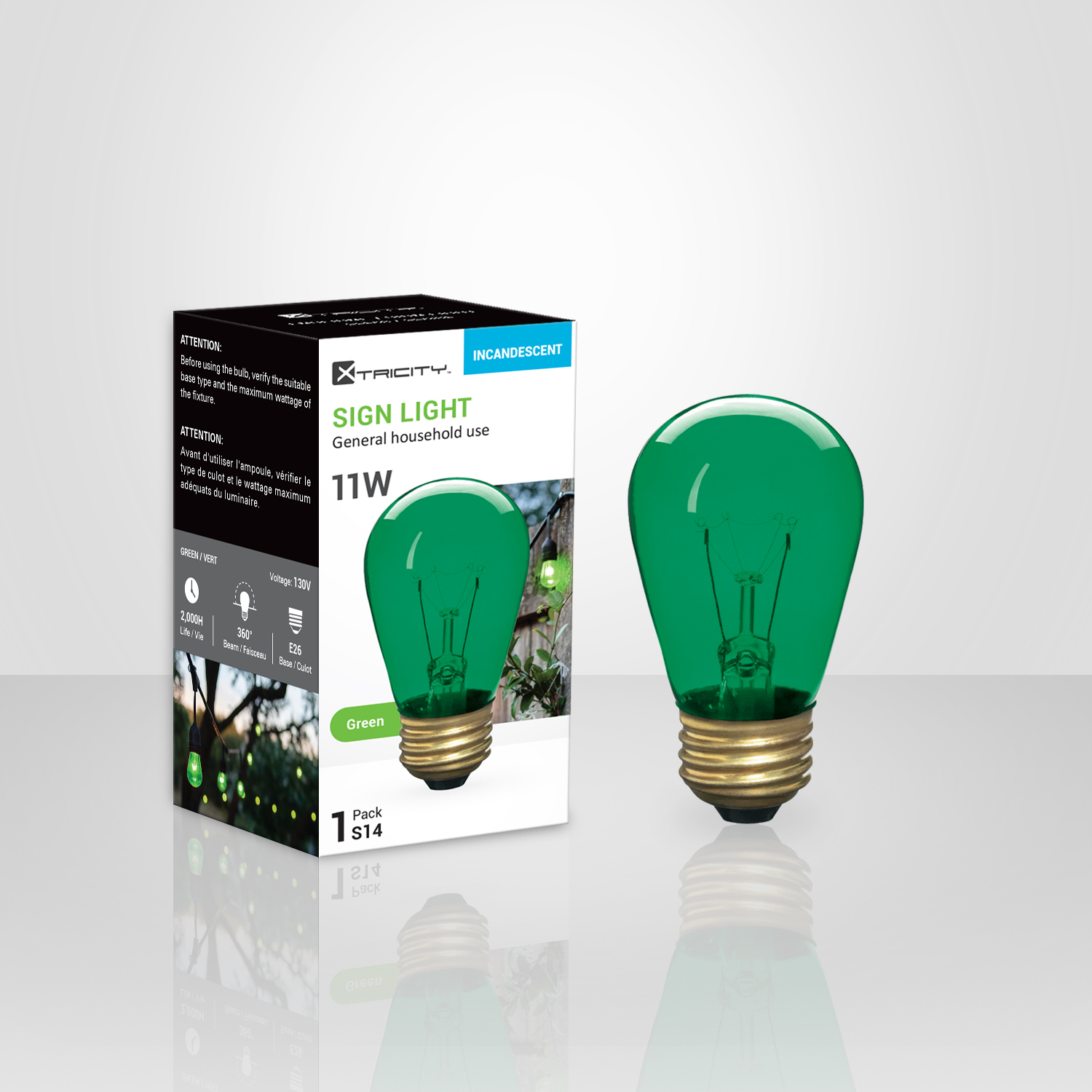 Ampoule S14 Xtricity 11 W verte, dimmable, culot E26, 360° de diffusion, idéale pour décorations, événements ou éclairage thématique.