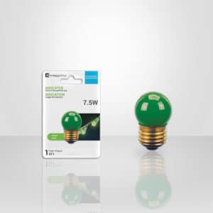 Ampoule indicatrice S11 7.5 W verte avec culot E26, idéale pour éclairage décoratif, signalisation ou veilleuse colorée.