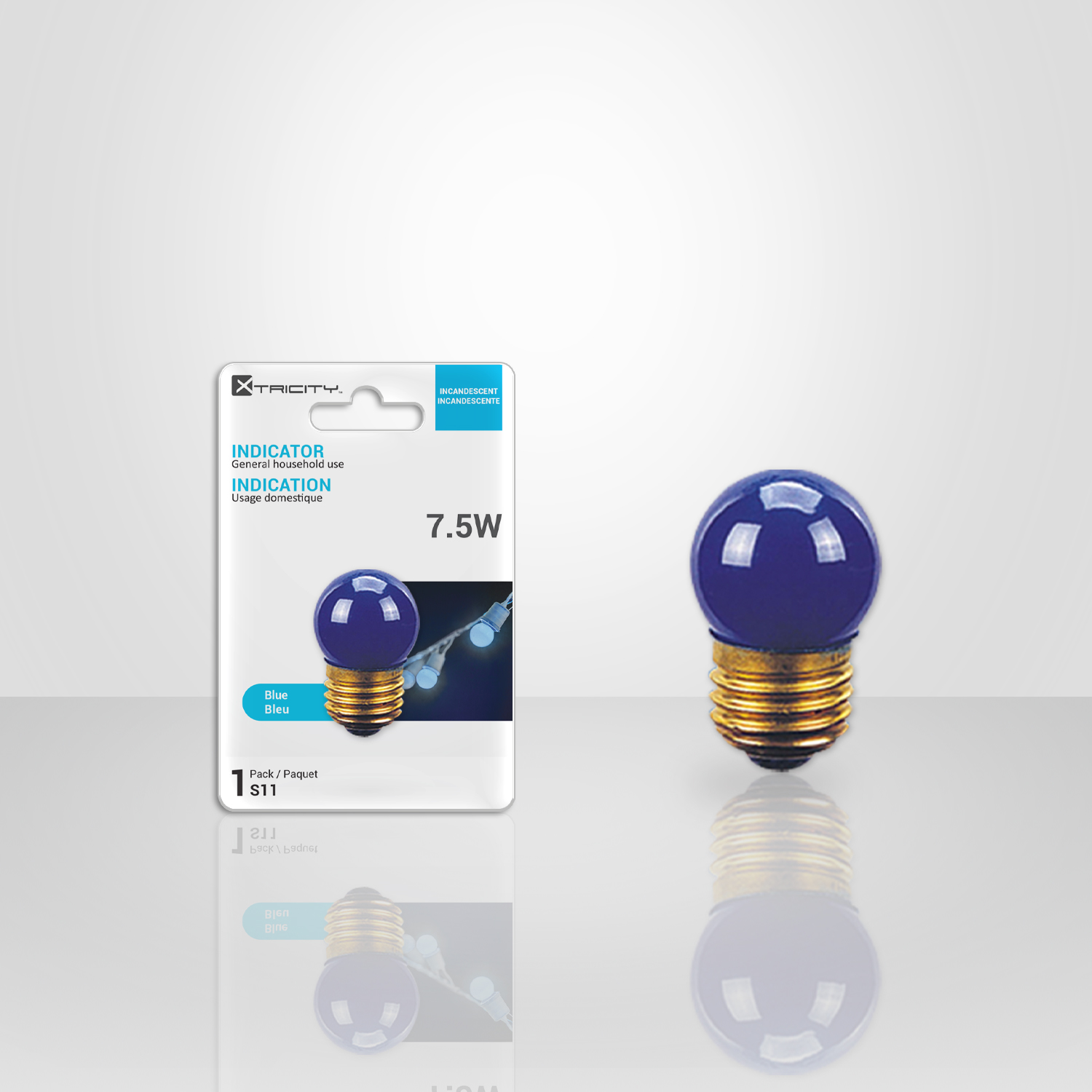 Ampoule indicatrice S11 7.5 W bleu avec base E26, idéale pour éclairage décoratif, signalisation ou veilleuse.