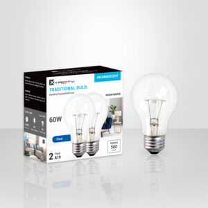 Ampoule A19 60 W antichoc Xtricity, 2700 K blanc doux, 560 lumens, dimmable, culot E26, paquet de 2, idéale pour éclairage résidentiel.