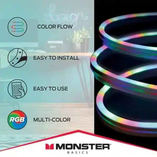 Transform your space with Monster's 6.5-foot NEON LED RGB. Customizable and easy to install, this ribbon offers vibrant colors and exceptional durability.