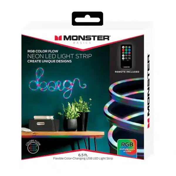 Transform your space with Monster's 6.5-foot NEON LED RGB. Customizable and easy to install, this ribbon offers vibrant colors and exceptional durability.