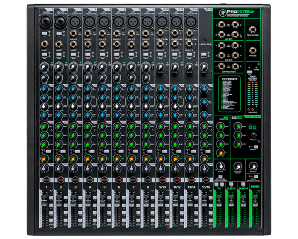 Découvrez le Mackie ProFX16v3, un mélangeur 16 canaux avec préamplis Onyx primés, moteur d'effets GigFX haute résolution, enregistrement USB 192 kHz et logiciel Waveform OEM inclus, idéal pour le studio et les performances live.