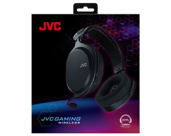 Discover JVC's GG-01W wireless gaming headset: lightweight, comfortable, with 40 mm speakers, low-latency wireless connection, and detachable noise-canceling microphone. Ideal for extended gaming sessions.