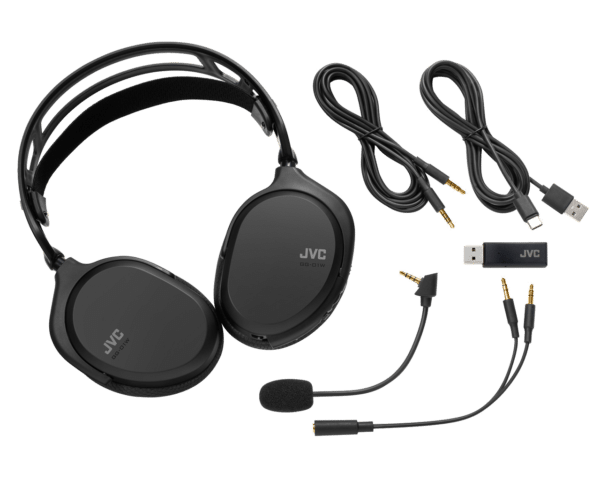 Discover JVC's GG-01W wireless gaming headset: lightweight, comfortable, with 40 mm speakers, low-latency wireless connection, and detachable noise-canceling microphone. Ideal for extended gaming sessions.