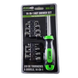 Grip 69054 14-in-1 screwdriver set with double-injected rubber handle, magnetic bit and hardened steel shaft.