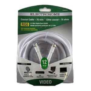 Câble Coaxial RG6 12 Pieds 2.2GHz : Câble coaxial de haute qualité de 12 pieds, avec une bande passante allant jusqu'à 2.2 GHz, idéal pour les connexions TV et audio/vidéo. Offre une transmission claire et stable avec double blindage pour réduire les interférences.