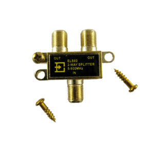 Electrohome ELS60 Two-way splitter for coaxial cable: divide one source into two outputs, easy to install with wall mounting.