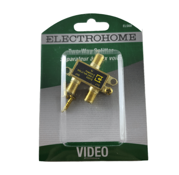 Electrohome ELS60 Two-way splitter for coaxial cable: divide one source into two outputs, easy to install with wall mounting.