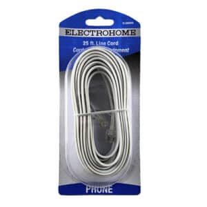 Cordon de raccordement téléphone de 25 pieds, idéal pour les connexions téléphoniques domestiques et professionnelles. Longueur flexible, connecteurs RJ11, installation facile et durable.