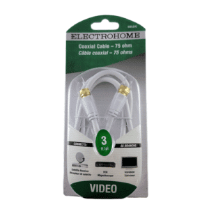 Câble coaxial RG6 Electrohome EWLS3C de 3 pieds : haute qualité de transmission, double blindage, connecteurs plaqués or. Idéal pour connexions TV, décodeurs et antennes.