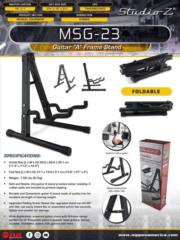 Support de guitare MSG-23 A Frame : stable et durable, avec patins antidérapants. Conception pliable, s'incline à 95°, parfait pour guitares, basses, ukulélés et plus. Léger, compact et facile à ranger.