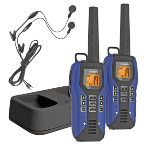 Uniden GMR5095-2CKHS: Radios étanches GMRS avec portée jusqu'à 80 km, batterie rechargeable, et réglages de confidentialité. Idéales pour les activités extérieures.