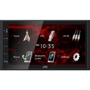 JVC KW-M180BT multimedia receiver with 6.75-inch touchscreen, integrated Bluetooth, iPod/iPhone control, and rearview camera input. Enjoy superior audio quality and numerous connectivity options in a compact design.