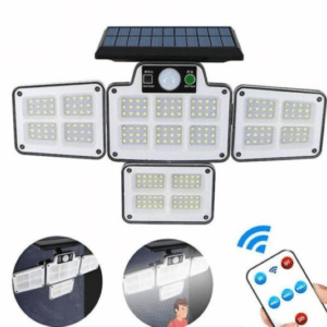 Lumière solaire LF-1788 avec télécommande : Éclairage à 4 côtés avec 3 modes, détection de mouvement, et panneau solaire détachable. Utilisation intérieure et extérieure. Économique et écologique.