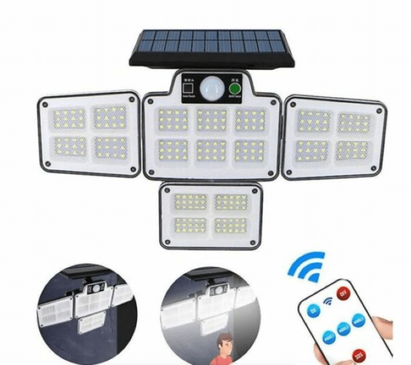 LF-1788 solar light with remote control: 4-sided lighting with 3 modes, motion detection, and detachable solar panel. For indoor and outdoor use. Economical and environmentally friendly.