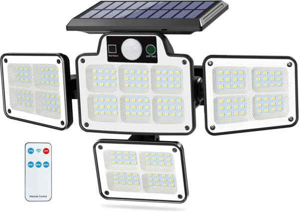 LF-1788 solar light with remote control: 4-sided lighting with 3 modes, motion detection, and detachable solar panel. For indoor and outdoor use. Economical and environmentally friendly.