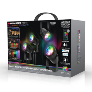 MLB7-1075-RGB : Créez une ambiance extérieure avec le projecteur intelligent 4 pièces. Commandes vocales, éclairage LED multicolore, résistant à l’eau.