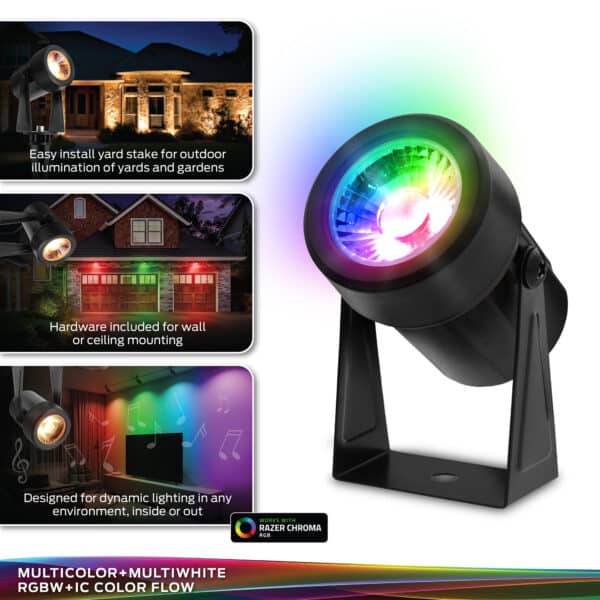 MLB7-1075-RGB : Créez une ambiance extérieure avec le projecteur intelligent 4 pièces. Commandes vocales, éclairage LED multicolore, résistant à l’eau.