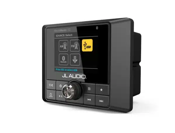 The MediaMaster® 50 is a weatherproof marine source unit with a 2.8-inch full-color LCD, offering 100 watts of power, Bluetooth® connectivity, and multiple audio source options. Perfect for boats and UTVs.