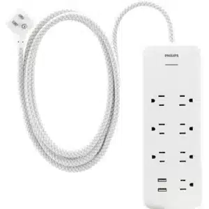 Protect your devices with the Philips 7-Outlet Surge Protector, featuring two USB-A ports and a 4-foot braided cord. 1,500 joules of surge protection, integrated circuit breaker, and automatic shutdown.