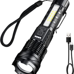 A76 rechargeable 30W, 2000LM flashlight with USB-C port, 7 lighting modes, 500-meter range, and long-lasting battery. Ideal for work, camping and emergency situations.