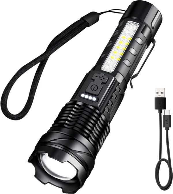 A76 rechargeable 30W, 2000LM flashlight with USB-C port, 7 lighting modes, 500-meter range, and long-lasting battery. Ideal for work, camping and emergency situations.